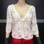 2016 White Beige Sheer Floral Lace Blouse for Middle Aged Women Ladies Crochet Top
