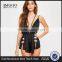 Black Satin Embroidered Teddy Split Hem Women Nightwear Sexy Strap Pyjama Set Halter Back Sleepwear