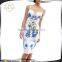 High Quality brand clothing Blue Floral Printed Woman Midi Pencil dress