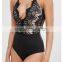 Halter Neck Cut-work Designer Sexy Apparel women Black Scallop lace bodysuit