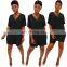 Wholesale 2 piece plain v neckBat sleeve split tshirt and shorts set for women