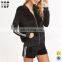Cheap custom tracksuit sportswear black striped side zip top and shorts velvet tracksuits for women