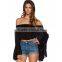 Women Fashion Black Big Loose Sleeve Bare Shoulder Chiffon Blouse