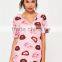 Custom Full Print Women Oversizes V Neck Pink Lip Print Nightshirt Roll Sleeve Causal Loose Sleepwear