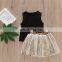 plain black vest and leopard pattern skirt 2pcs beautiful Baby Girl boutique summer suit