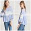 Woman Fashion Loose Style Light Blue Cotton Bell Long Sleeve Blouse Design Patterns back neck