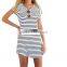 Women V Neck Short Sleeve Striped Loose T-Shirt Mini Dress OEM service