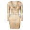 2017 New In Gold Metalic Lace Up V NECK Sexy Women Fashion Dress Long sleeves Midi Dress