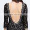 V-997 black lace boat neckline slim tight sexy open back 3/4 sleeves casual dresses 2016