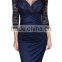Women's Deep-V Neck Ruffles Floral Lace Fitted Retro Evening Pencil Dress