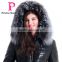 Winter Women Leather Medium Length Slim Fit Embroidered Coat With Brown Fox Hat Clothes