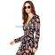 European Women Chiffon Dress Floral Print High Split Deep V-Neck Long Sleeves Button Maxi Dress Black
