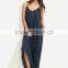 New Arrival Custom Navy Spaghetti Strap Maxi Dress With Pocket 100% Cotton Casual Slip Sexy Dress