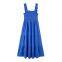 Nouveauté printemps 2025, vêtements pour femmes de style européen et américain, robe bleue longue à grandes volantes avec bande de tirage.