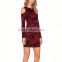 Woman Long sleeve cold shoulder round neckline sheath vintage red print dress