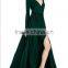 2015 Fashion Custom design elegant Hot Sale dark green Deep V-neck Split Long Sleeve Maxi Dress with full floor length