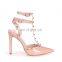 Ladies fancy multi buckle strap design high heels nude patent gladiator style studded court heel shoes