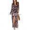 European Women Chiffon Dress Floral Print High Split Deep V-Neck Long Sleeves Button Maxi Dress Black