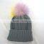 Myfur Grey Color Winter Striped Knitting Cap With Customized Big Fur Pom Pom