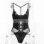 Patchwork Spaghetti Strap Fashion Fancy Adult V Neck Sexy Women Ladies Thong Body Suits Tops Black Mesh Lace Lingerie Bodysuit