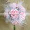 Wholesale high quality natrual pink colored artificial rose with glitters flowers bouquets with mesh for home decoraions