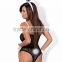 Sexy lingerie set - Bunny costume: teddy, bow-tie collar, shirt cuffs, ears - black