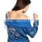 Fashion Cut Off Women Off Shoulder Tribal Print Hoodie with Front Pocket