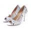 Stylish Open Toe Footwear Safety Metal Heels, Custom Low Heel Silver Crystal Wedding Shoes