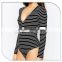 Sexy black and white stripe deep v women long sleeve bodysuit