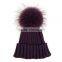 Myfur Women Ribbed Wool Blend Knitting Beanie Hat Real Raccoon Fur Ball Winter Cap