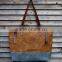 Custom two-tone waxed canvas tote bag with leather handle