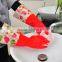 Red Wide Mouth Plus Velvet Long Flower Rubber Gloves Antiskid Household Dishwashing Cleaning Warm Gloves