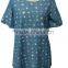 Star Pattern Short Sleeve Round Neck with Pockt Denim Tunic Blouse top