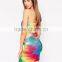 2016 Rayon Elastic Knitted Bandeau Bandage Festival Rainbow Dress Off Shoulder Silm Bodycon Mini Dress