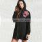 High quality windproof blcak embroidered floral hoodie womens long jackets