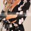 2017 Black Floral Print Long Sleeve Women Wrap Dress