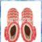 pink and beige stripe knit warm indoor boots with big pom-pom