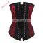 Stud and Faux Leather Trim Zip Front Lacing Strappy Red Brocade Sexy Corset