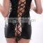 Black tight back women sexy leather lingerie strap mini dress