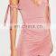 Sexy Pink Tie Sleeve Ruched Hem Bodycon Dress with Plunge Neckline