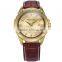 Gold Stainless Steel Case Auto Date Analog Genuine Leather Band Quartz Men Casual Watch