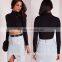 2016 custom ladies high neck long sleeve black ribbed crop top