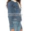Sexy Girl Denim Back Belt Metal Button Clouse Winter Jackets and Coats with White Fur Lining