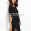 Black Dolman Sleeve Self Tie Curved Hem Dress With Belted Cotton Spandex Short Sleeve Casual Plain Short Dress