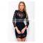 2016 Casual Women's Black White Sheer Hollow Out Lace Bodycon Mini Dress with Long Sleeve