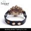 Fashion occident rhinestone flower charm black leather bracelet bangle jewelry