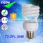 2015 Hot Selling E27 B22 Base T2 Tube Spiral CFL Lamp 24W 6500K
