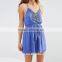 Casual Design Spaghetti Straps Simple High Style Blue Design Embroidered Women Sexy Dress