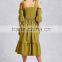 China wholesale clothing oem self-tie straps layered short sleeves shirred waist hidden side zipper Poplin Open-Shoulder Dress