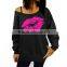 Couple Lover Sweatshirt 2015 Latest Design Women One Shoulder French Terry Wholesale Crewneck Sweatshirt with Sexy Red Lip Print